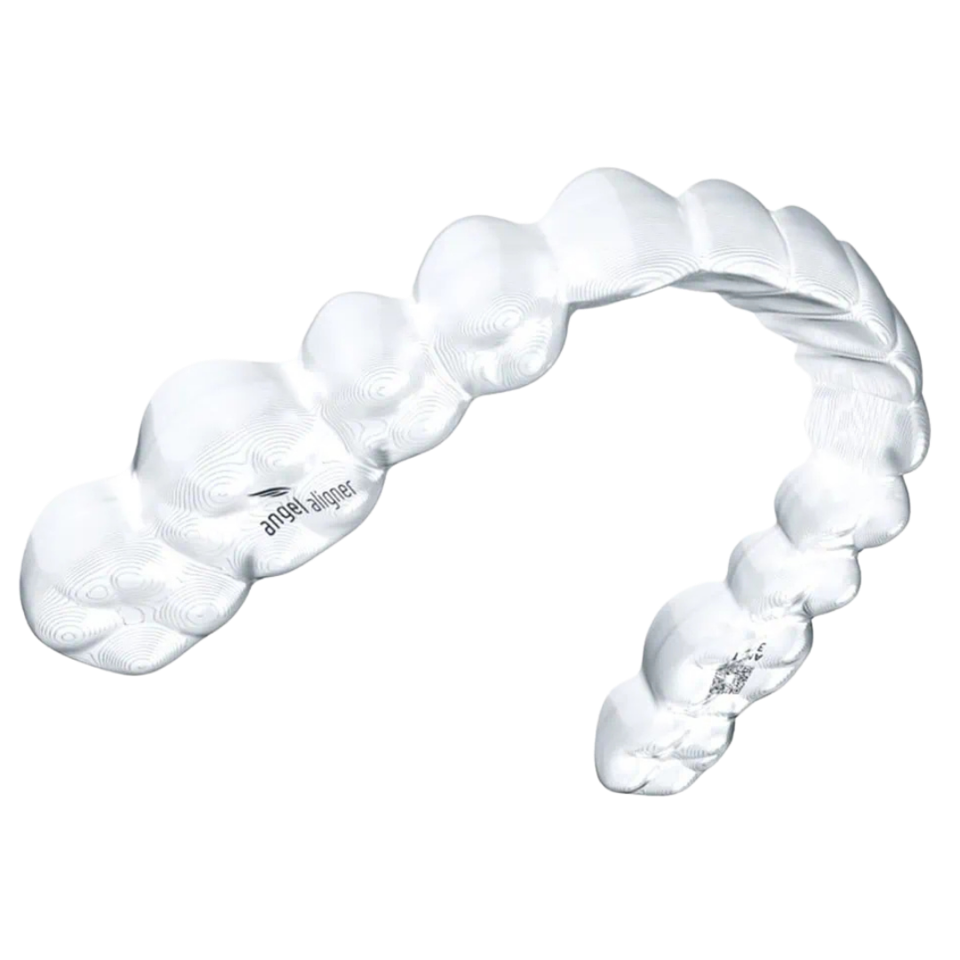 Clear aligner tray on teeth